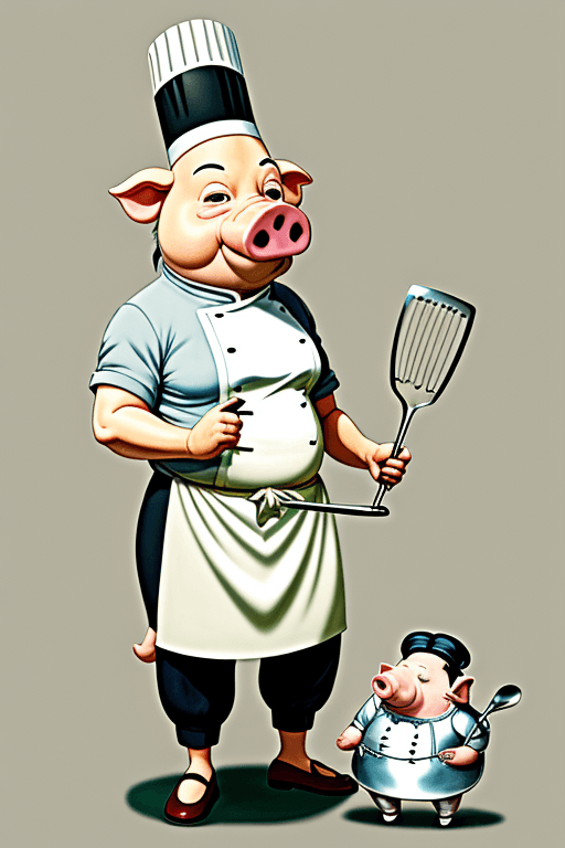 AI generated: artwork by Stan Sakai, style Studio Ghibli,
anthropomorphic pig, cooker,Tall chef's hat, holding a s...
