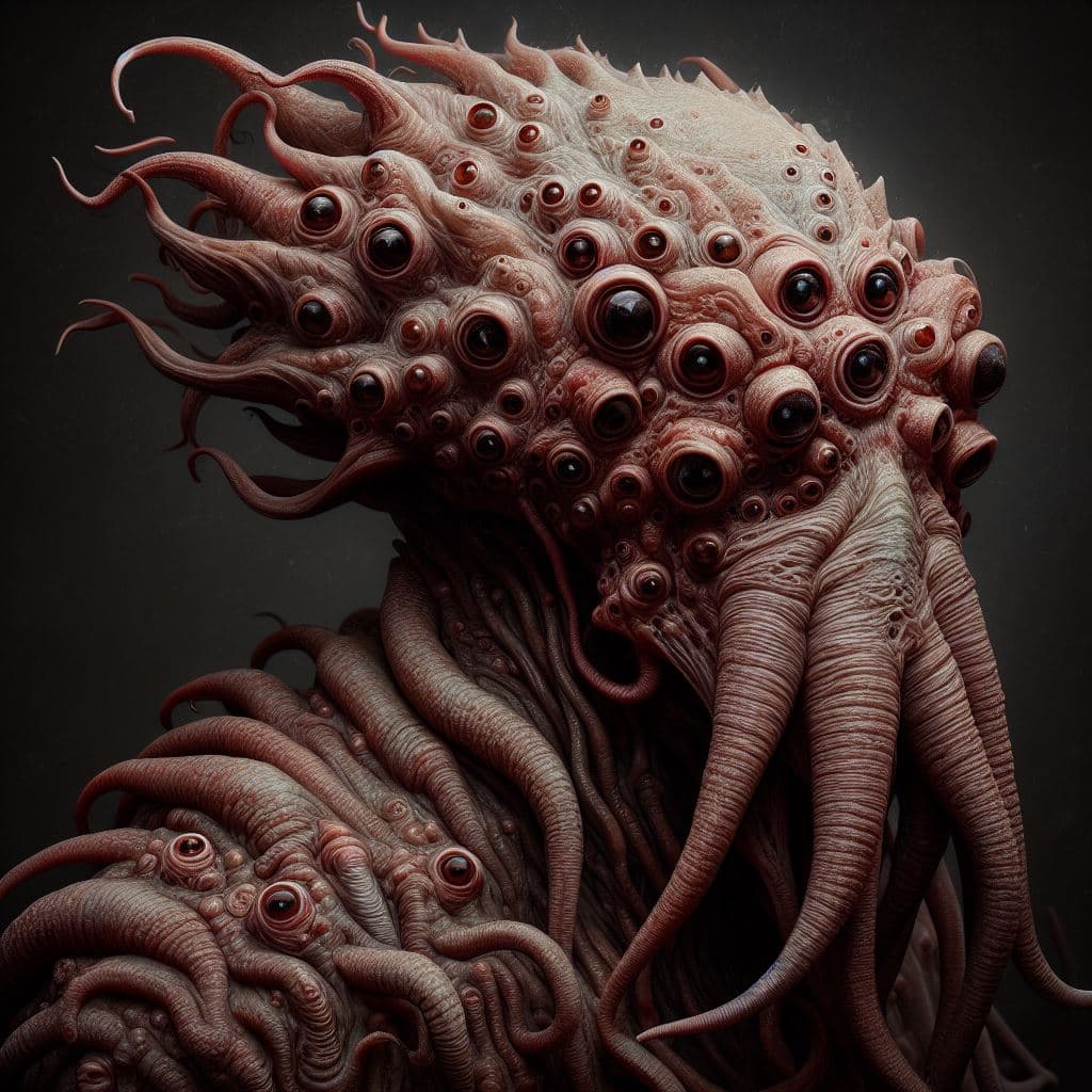 AI generated: detailed and realistic portrait of a shoggoth, tentacles, protoplasm, many eyes, magical photography...