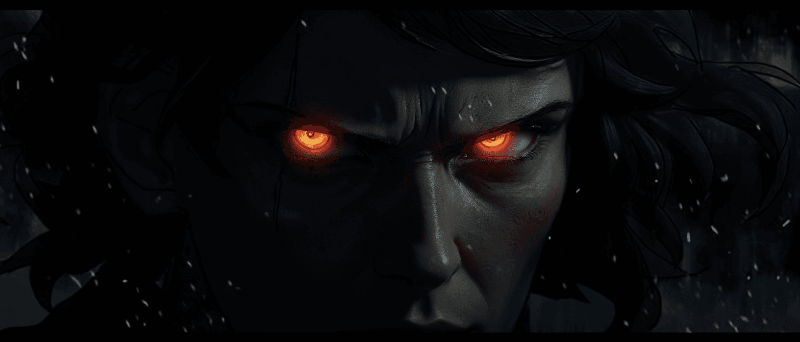 AI generated: Make this in B/W with eyes just glowing deep bright-red. Make it cinematic with a good black backgro...