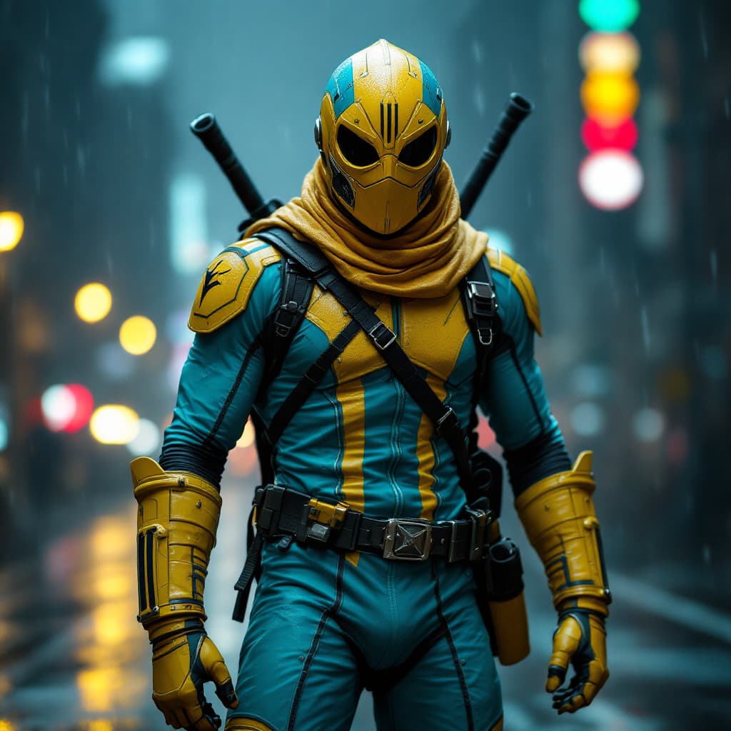 AI generated: Hyper real Aaron Taylor Johnson in a Crossing-Guardian's helmet mask yellow and turquoise The suit i...