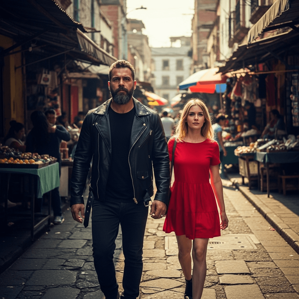 AI generated: a bold man with a lady, walking through Tepito, the most dangerous neighbourhood of Mexico City