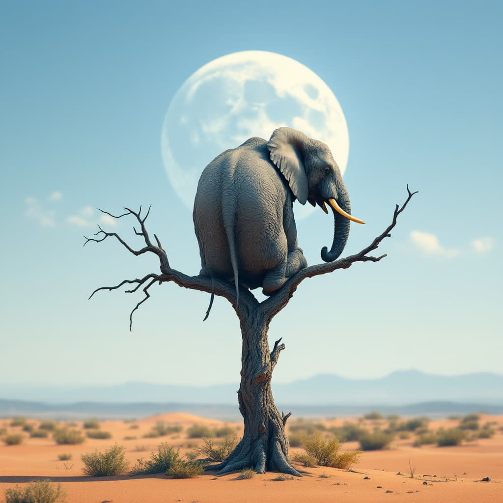 AI generated: A surreal depiction of an elephant, facing away the viewer, sitting on a thin, fragile looking bare ...