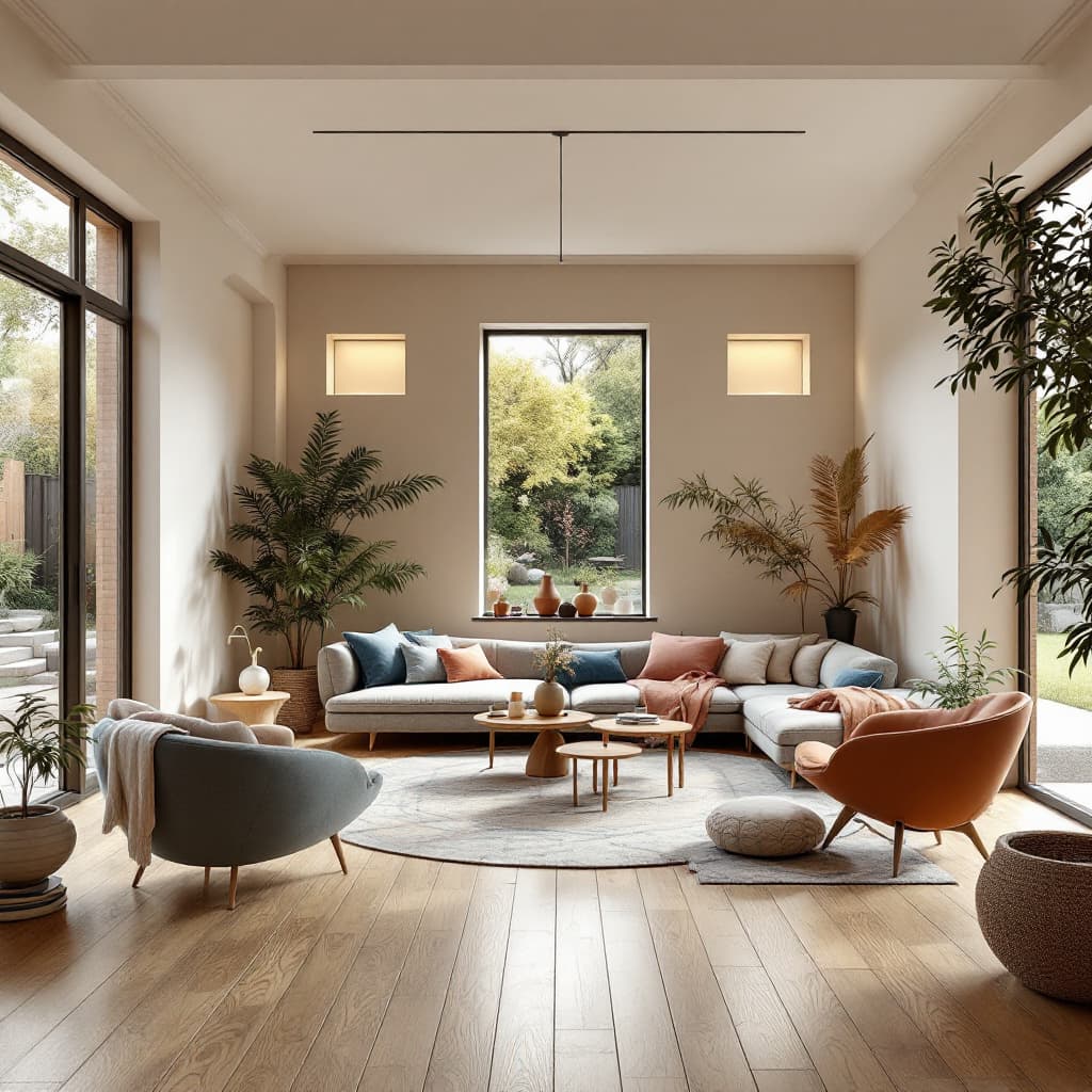 AI generated: High resolution photography interior design, dreamy sunken living room conversation pit, wooden floo...