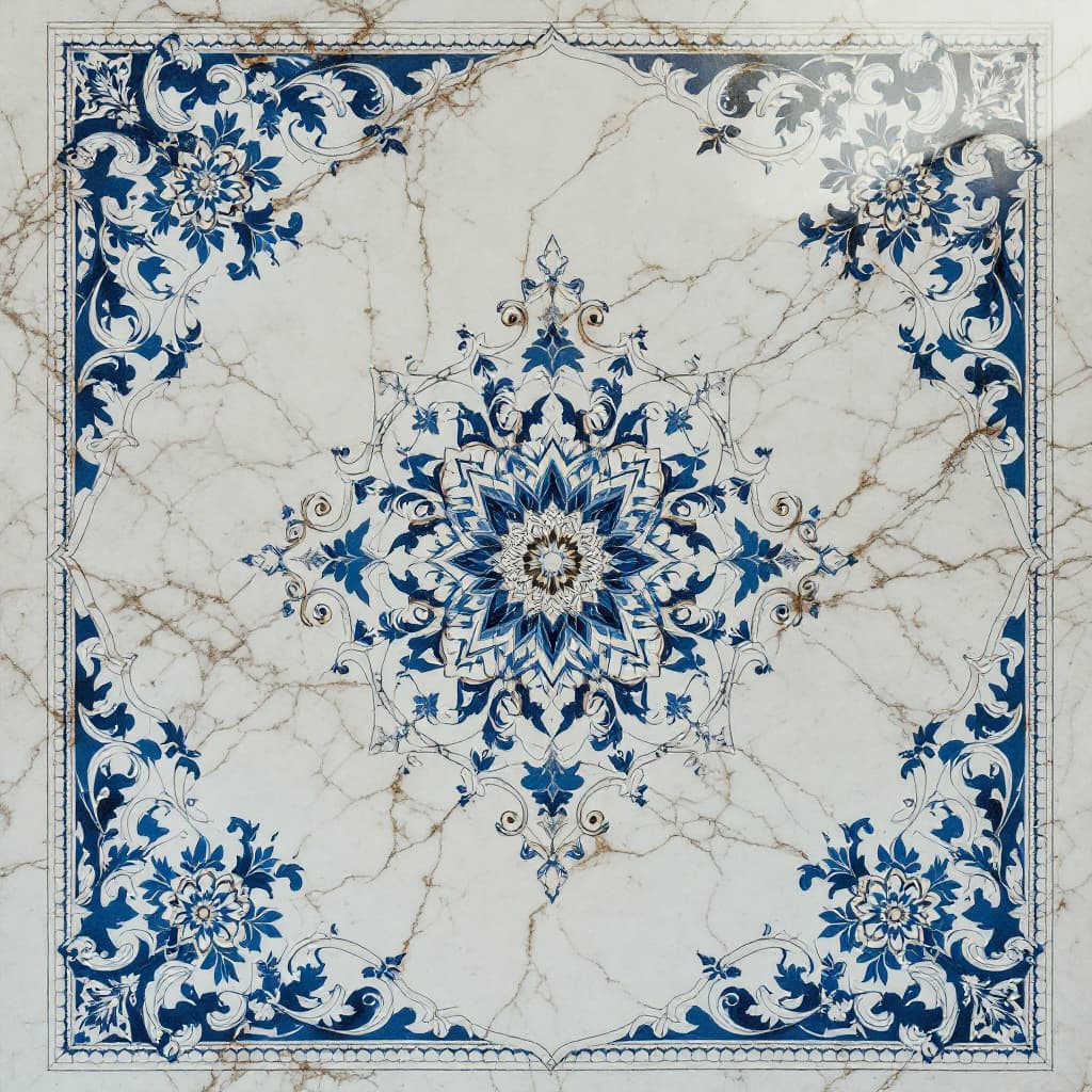 AI generated: white marble with blue intricate designs 