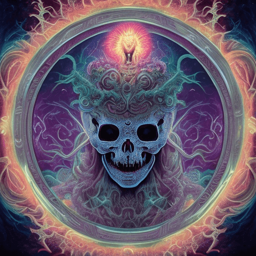 AI generated: demonic goddess close-up portrait ribcagel. jellyfish phoenix head, nautilus, orchid, skull, betta f...