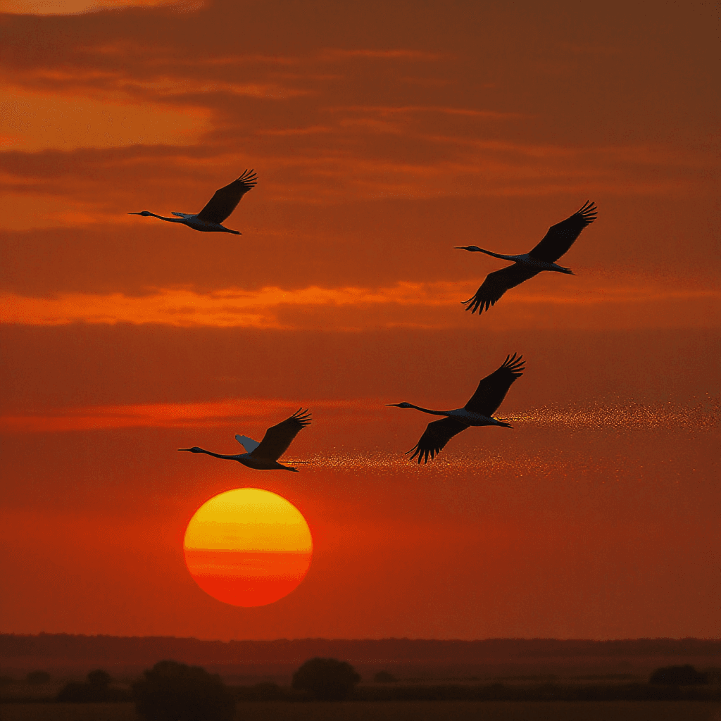 AI generated: Cranes in Migration — elegant cranes soar across a fiery autumn sunset, their wings trailing embers ...