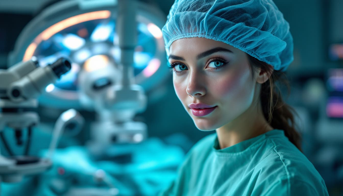 AI generated: Create a photorealistic image of a very beautiful girl, the coolest neurosurgeon in the world. Let h...