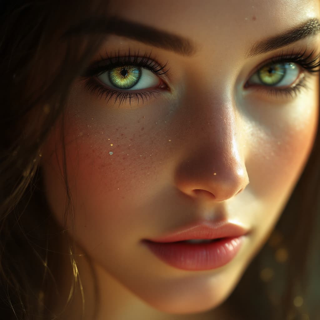 AI generated: a woman with green eyes, in the style of realism with fantasy elements, daz3d, fine art realism, mag...