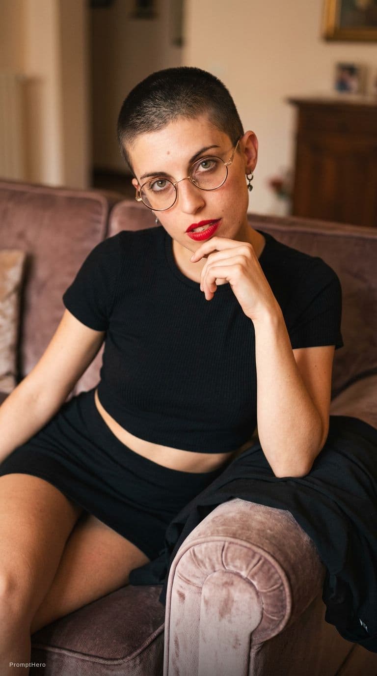 AI generated: Wearing cropped dress, sitting on a couch, close view, with same hairstyle and makeup, seductive