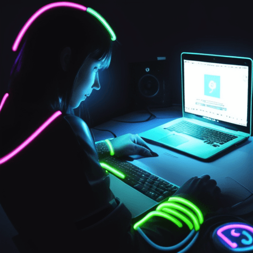 AI generated: a journey from super computer to laptop, neon-lit effect