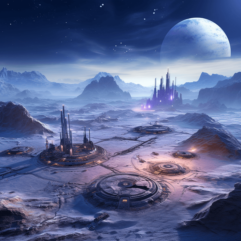 AI generated: space base located on a frozen plateau of mars, one rover on the ground, aerial view, mountains in t...