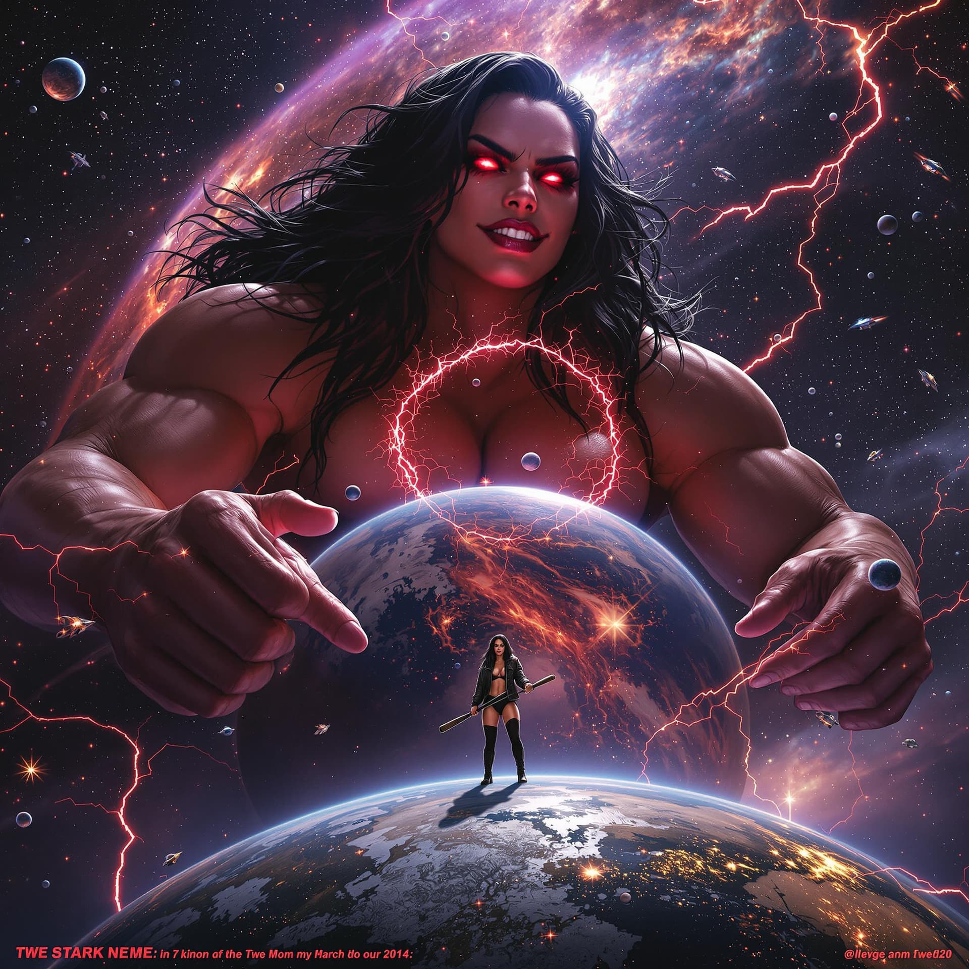 AI generated: enormous giantess Raquel Rodriguez  from WWE
bigger than a galaxy floating in space, minuscule plane...