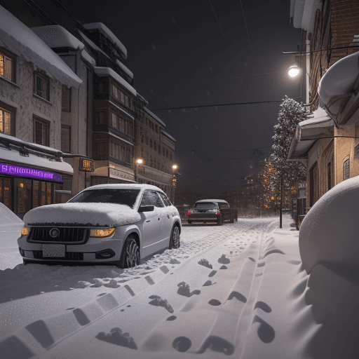 AI generated: High resolution realistic winter city environment, epic heavy snowfall, epic parked cars on the stre...