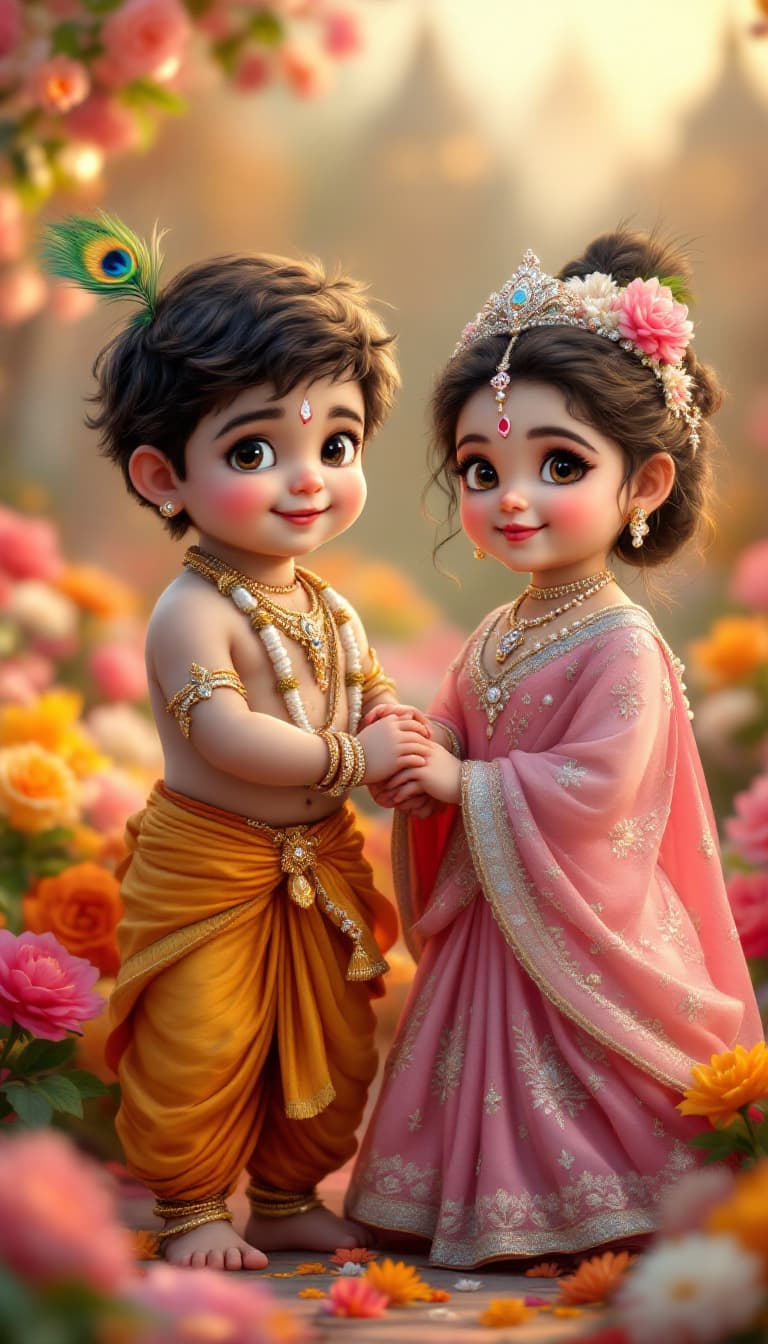 AI generated: "A hyper-realistic, ultra-HD 8K digital painting of baby Krishna and baby Radha in a beautifully dec...