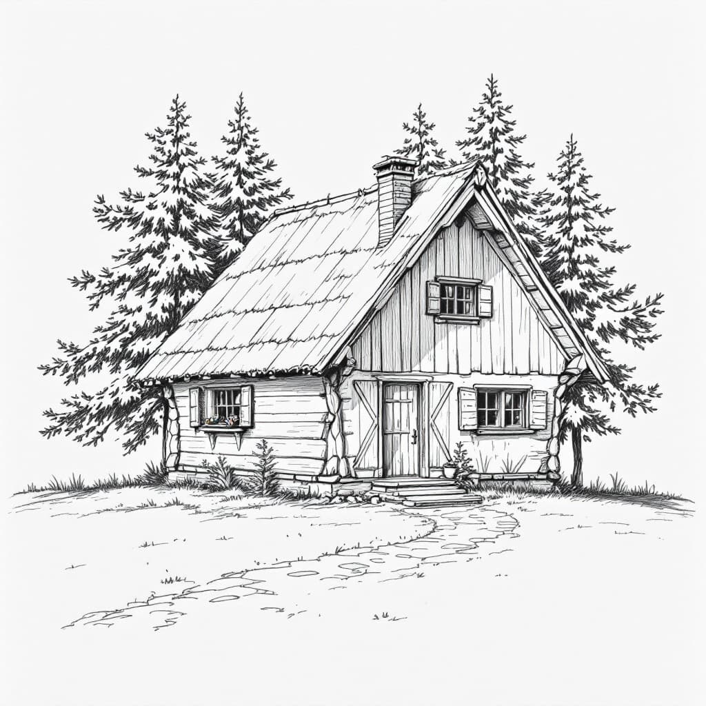 AI generated: pencil drawing of a small wooden bavarian house, behind it a few trees