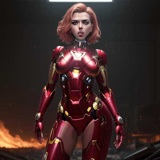 AI generated: scarlett johansson, nude,((wearing an iron man bikini)), metallic red and gold, (((in a sexy pose)))...