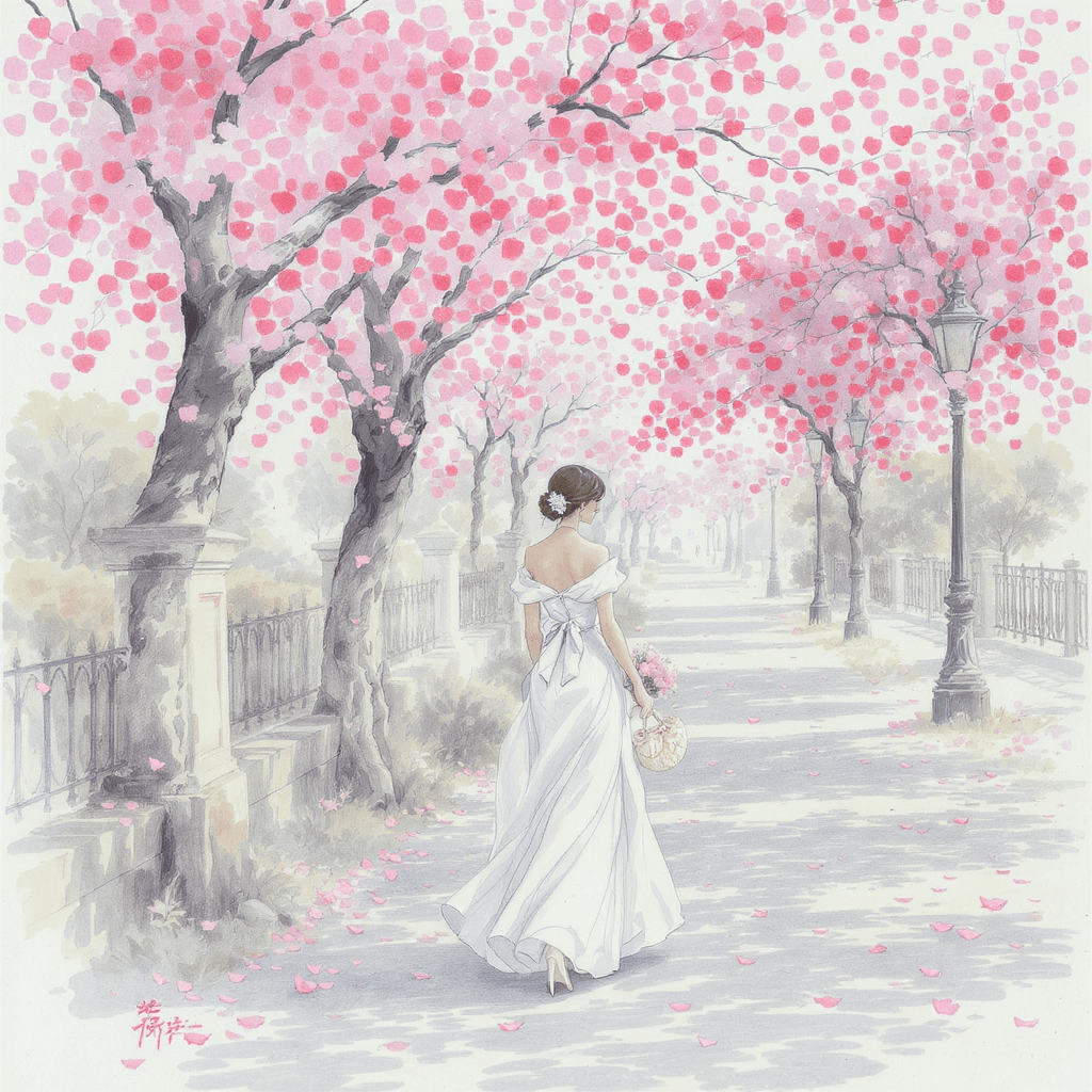 AI generated: Elegant woman walking down a sun-dappled avenue lined with blooming cherry trees, vintage fashion il...