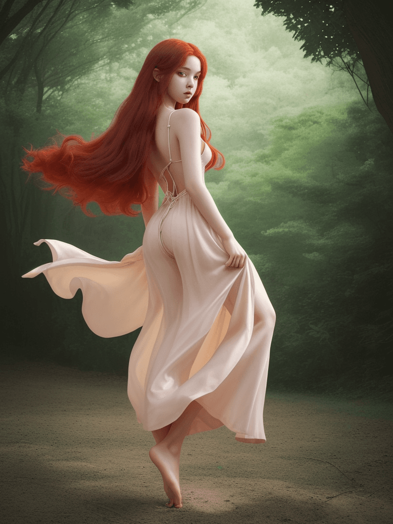 AI generated: stunning digital illustration, 20yo male showing her back to camera, soft features, posing, long red...