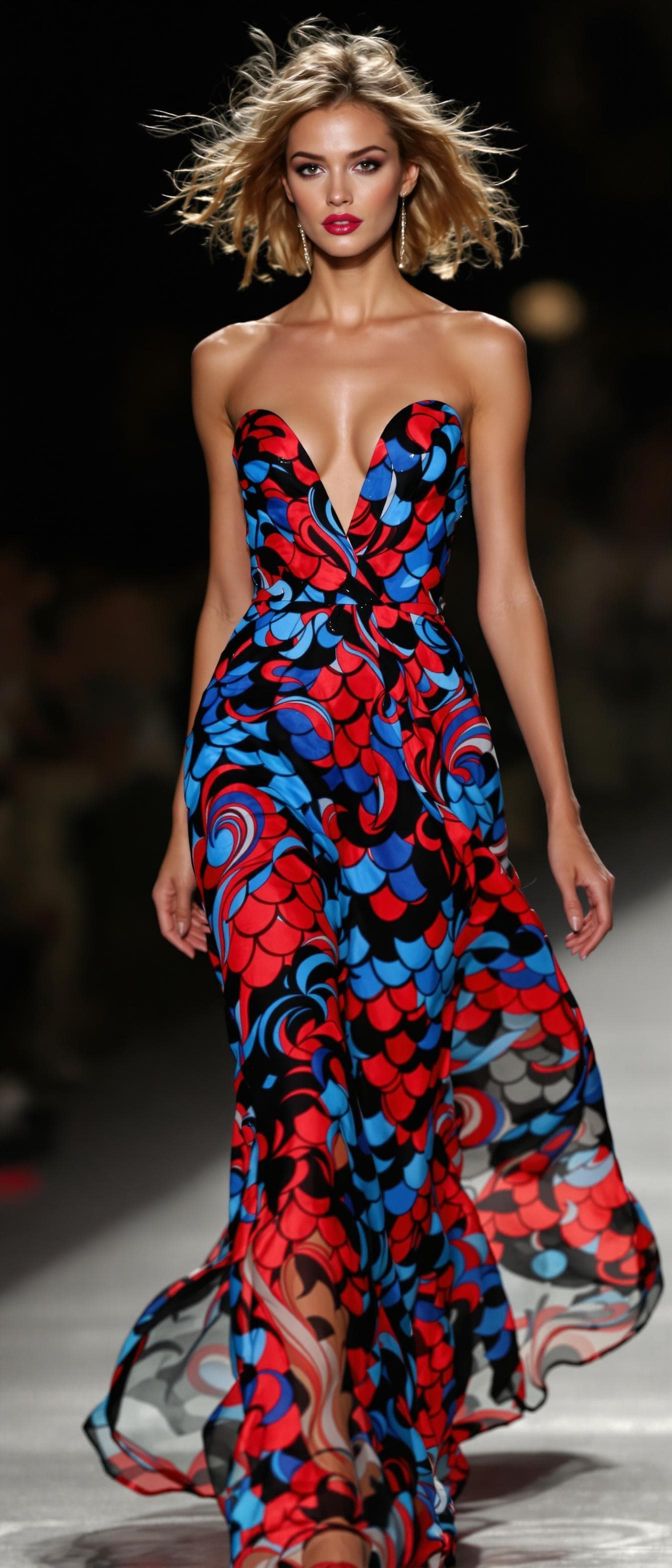 AI generated: "A professional, high-resolution full-body photograph captures a supermodel on a runway. She has lig...