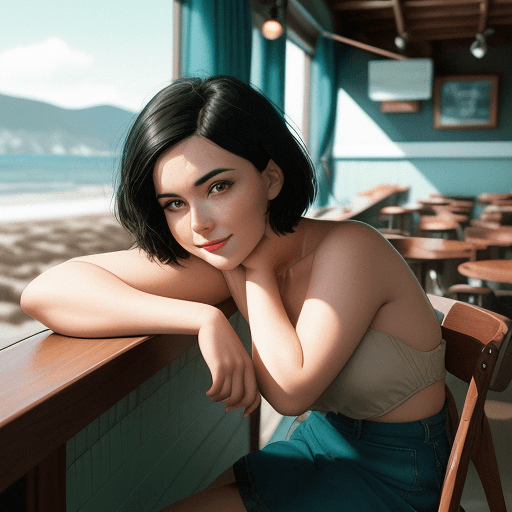 AI generated: a dark hair woman with short hair leans on a chair, in the style of social media portraiture, earthc...