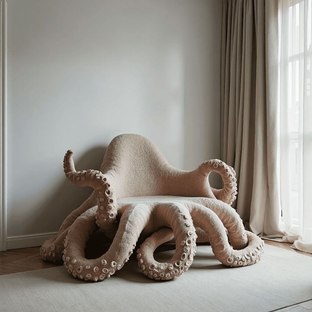 AI generated: interior of minimalistic europe flat featuring lifelike textured huge octopus-like chair standing ne...