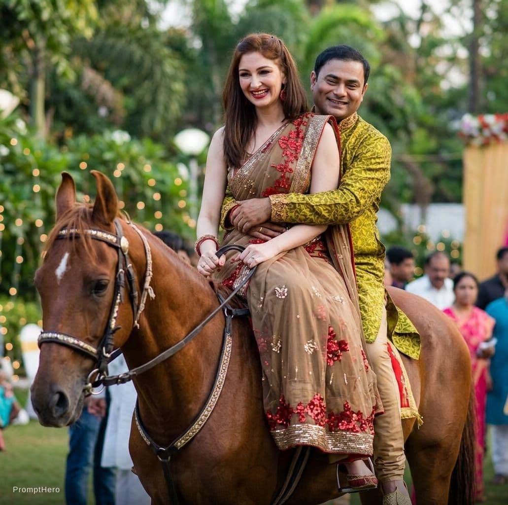 AI generated: Two people sitting on same horse girl seat ahead and boy seat behind girl tightly hold girl in same ...