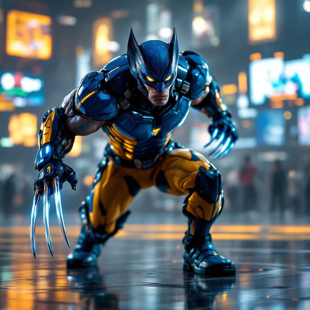 AI generated: Una criatura antropomórfica muy detallada, un híbrido entre Gato Azul y Wolverine, con brillantes oj...