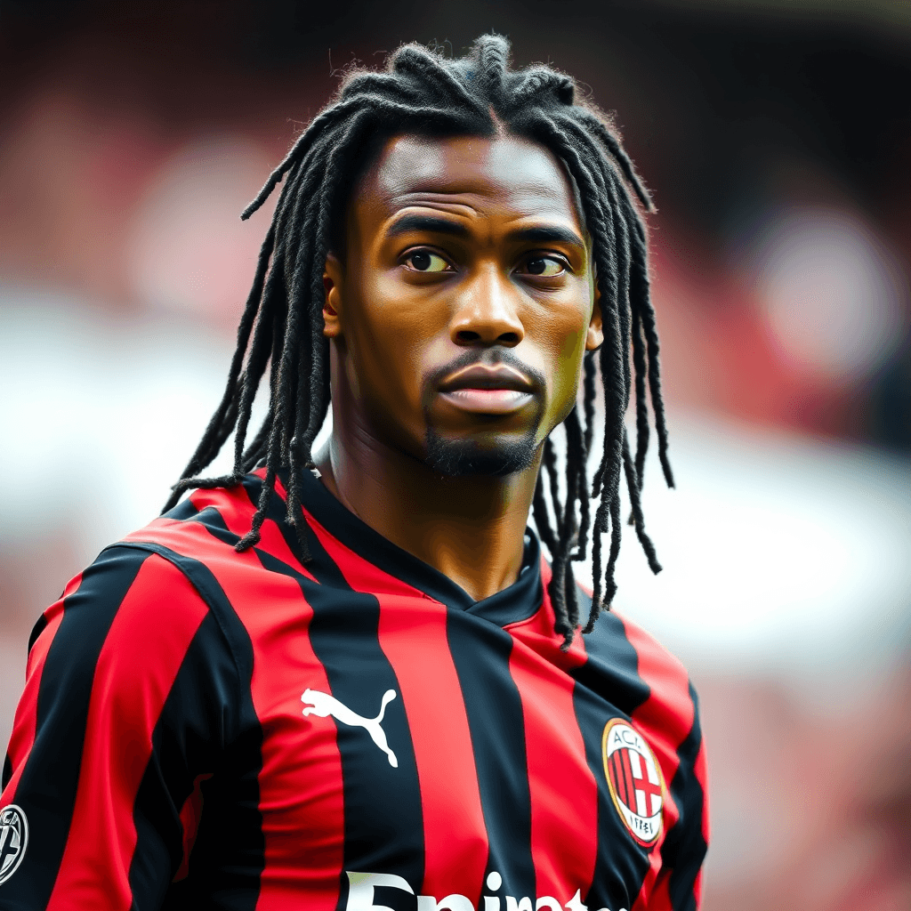 AI generated: This is a high-resolution photograph of a male ac Milan soccer player captured during a match. The p...