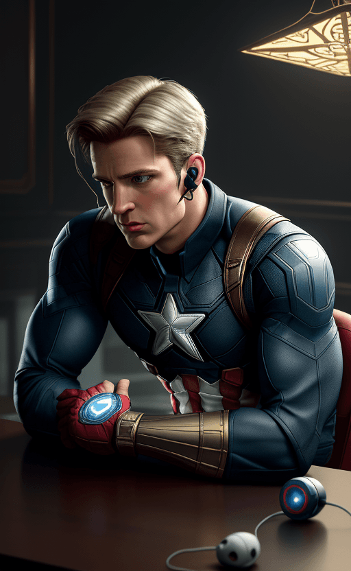 AI generated: earphone on the table with the design and character of captain america The earphone is gold and whit...