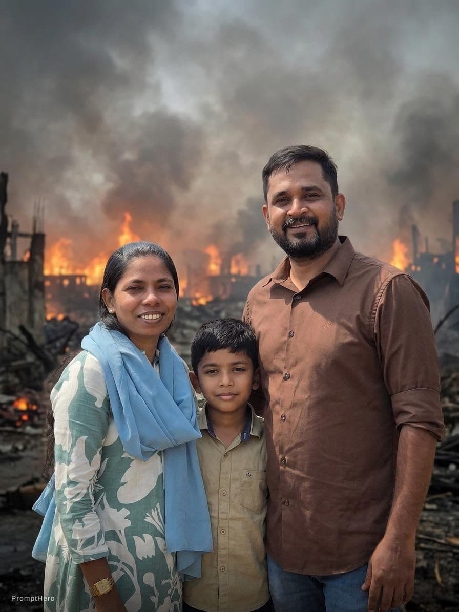 AI generated: A small family—mom, dad, and their young son—stand in front of a smoky, burning horizon, symbolizing...