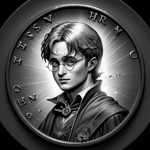 AI generated: On the obverse side of the coin is the portrait of Harry Potter, with his iconic round glasses and l...