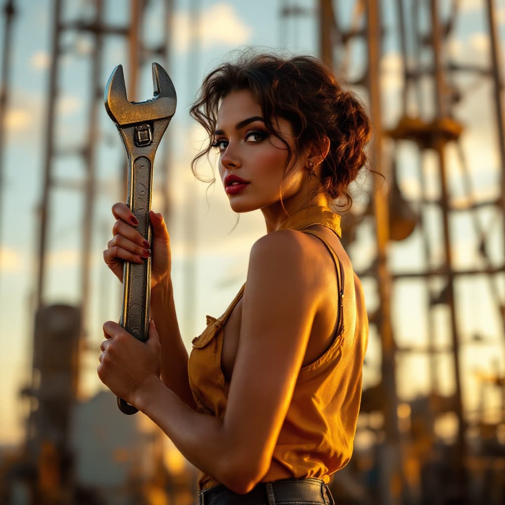 AI generated: sexy pinup woman, holding a wrench, standing on an oil rig, side view, golden hour lighting
