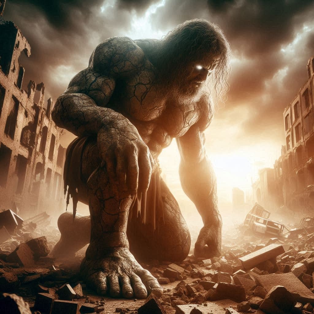 AI generated: Goliath, the biblical giant, emaciated and skeletal from famine, towering over shattered buildings a...