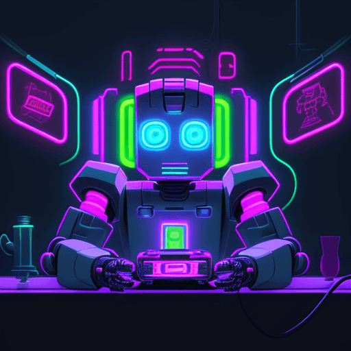 AI generated: A retro-style robot playing a futuristic video game in neon tones with medium resolution.

