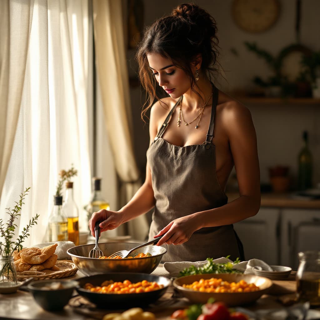 AI generated: female,arabic egyptian,danidaniels, a wife cooking dinner ,wearing nothing but a small apron , (edge...
