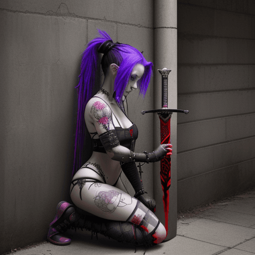AI generated: a girl kneels down behind a wall holding a sword, in the style of cybergoth, red threads, midwest go...