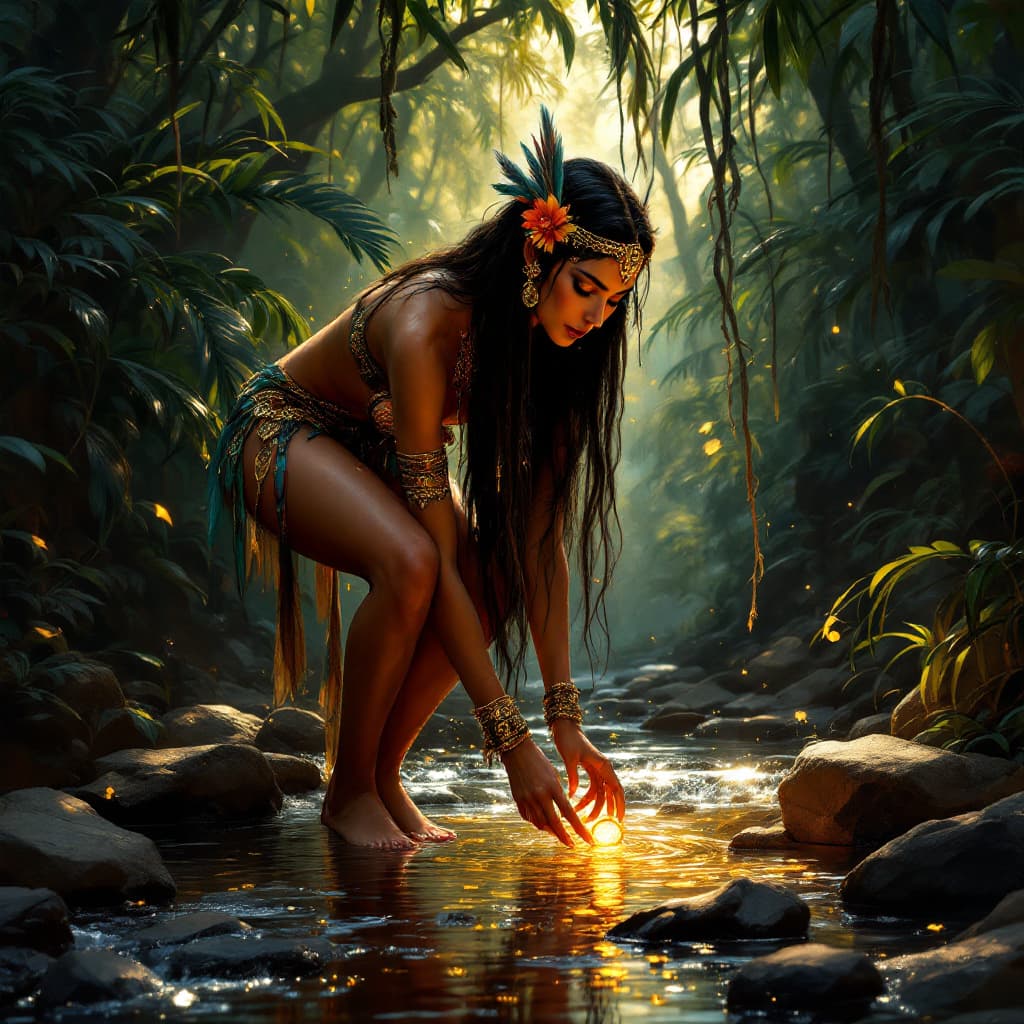 AI generated:  Full-body shot of a beautifully adorned Mayan princess, clad in intricate gold jewelry and a small,...