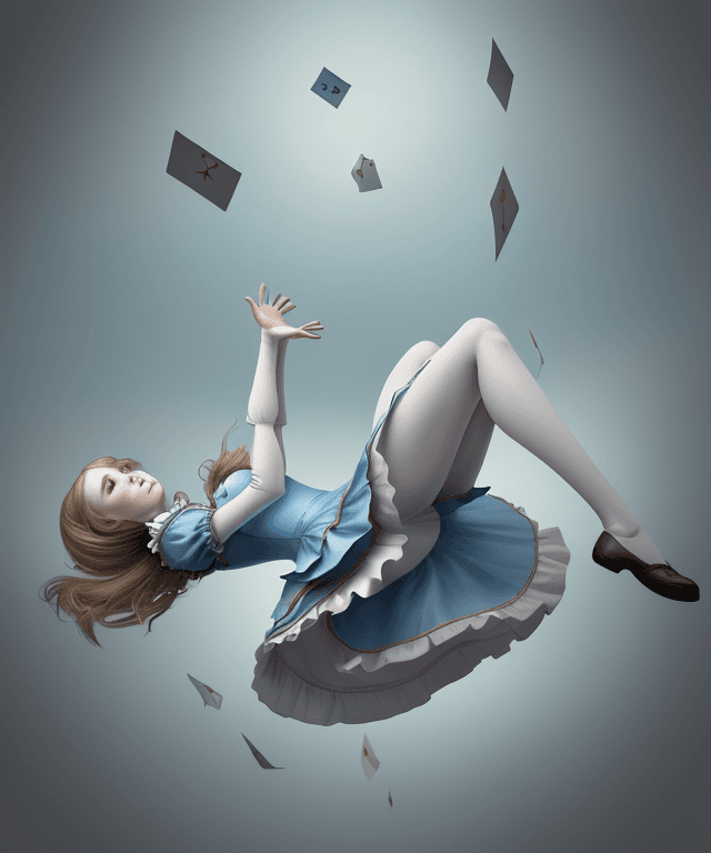 AI generated: realistic drawing 
alice from alice in wonderland falling from the sky horizontally 
body facing upw...