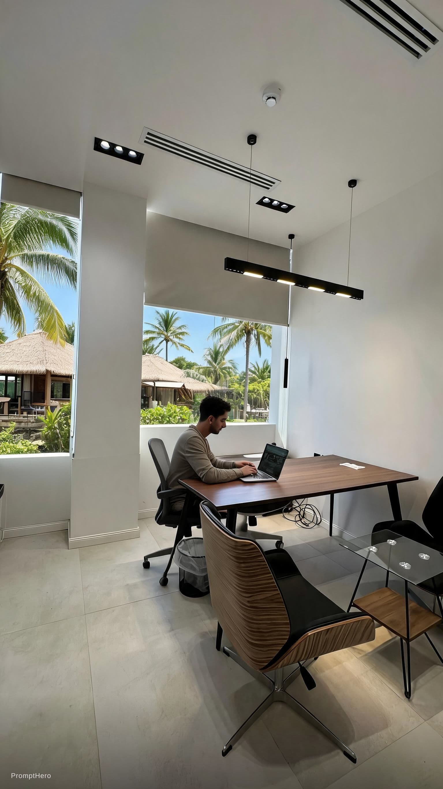 AI generated: photo of a realistic co-working space , a digital nomad is seated on a dedicated desk and is working...