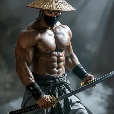 AI generated video: Ninja in a fighting stance, shows off his fighting skills with his swords.