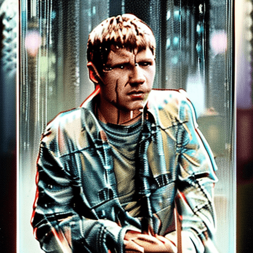 AI generated: Young Harrison Ford in blade runner, photo, light box, three point lighting, film grain, epic movie ...