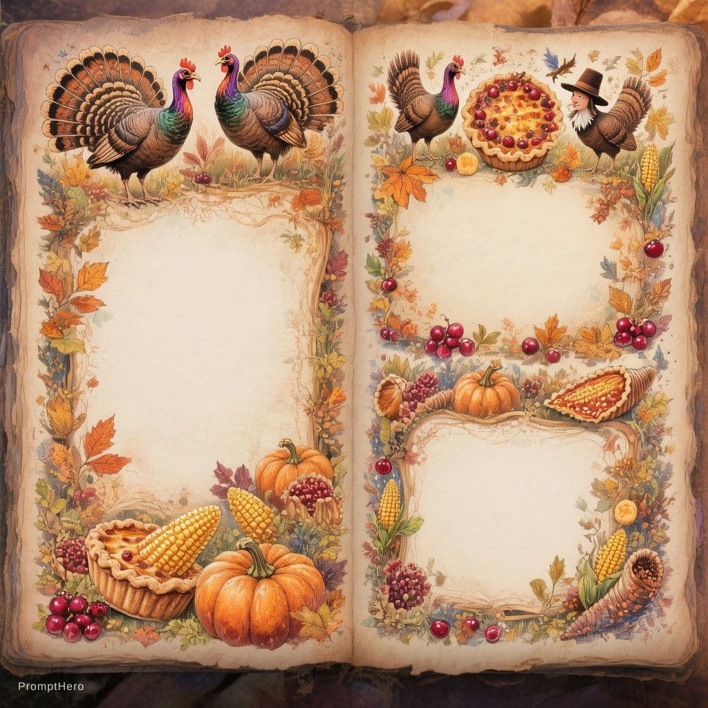 AI generated: Whimsical Thanksgiving Stationery Set featuring detailed borders and frames on blank pages with an o...