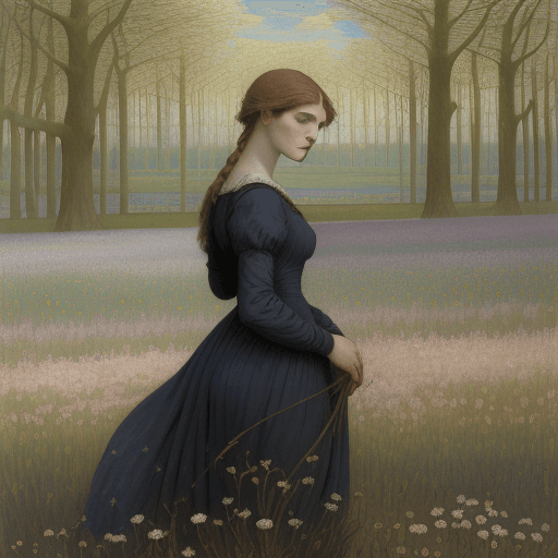 AI generated: woman in the field, insipired by Lucien Lévy-Dhurmer "Le Silence" 1895 and Albert-Émile Artigue "Fle...