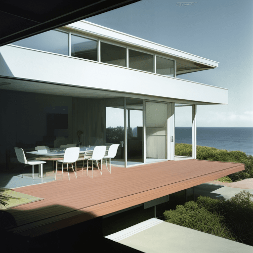 AI generated: Hyper realistic eye level exterior photo of a mid century modern style house overlooking the ocean, ...