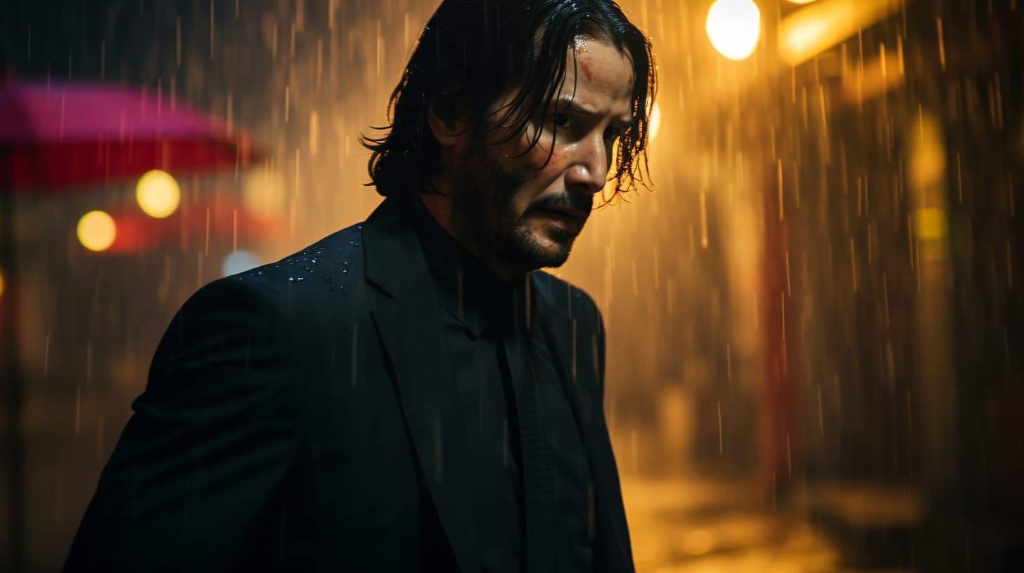 AI generated: medium close-up still of young Keanu Reeves as John Wick walking through the rain in a dark alley in...