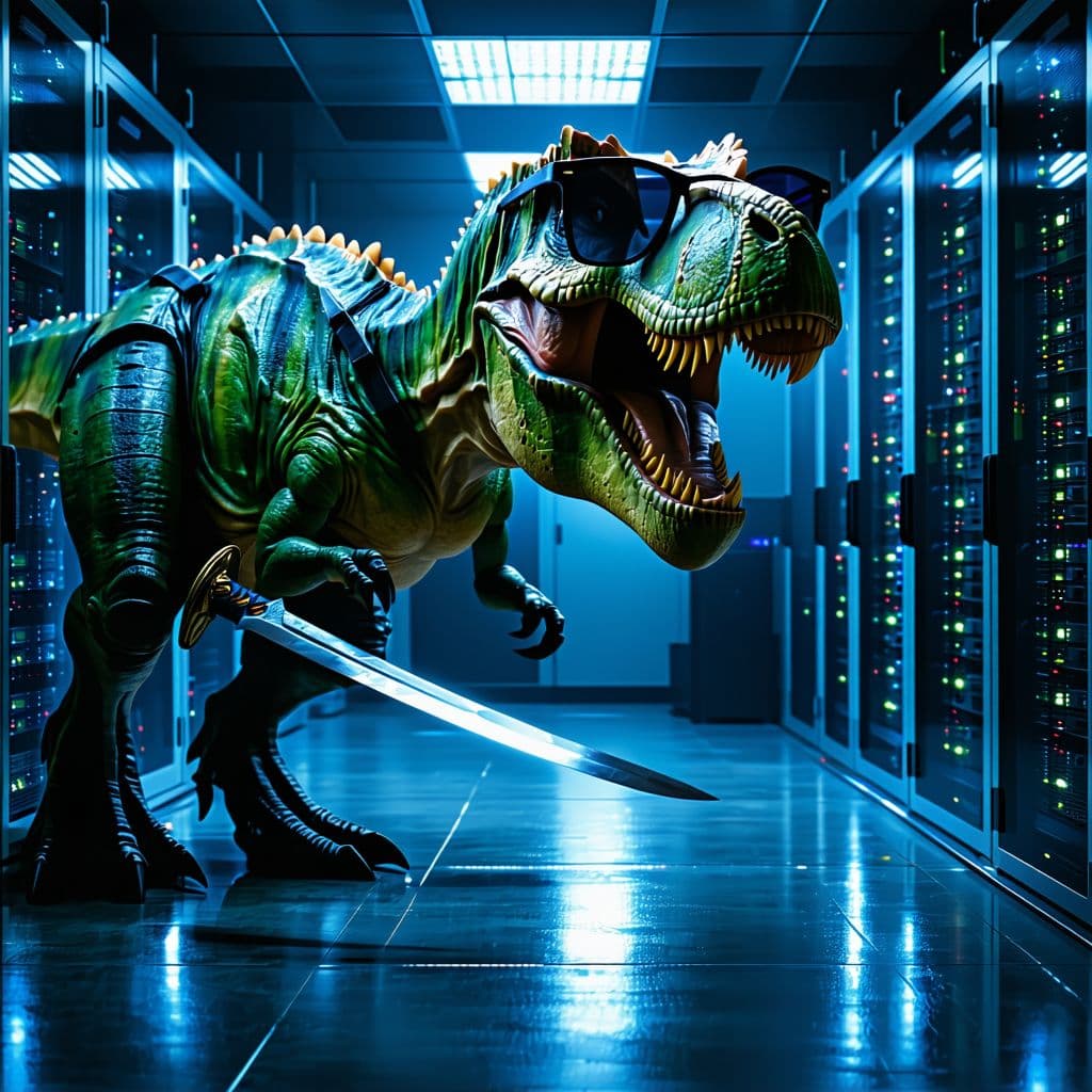 AI generated: Hyper realistic eye level photo of a tyrannosaurus rex with shades and sword in hand in a server roo...