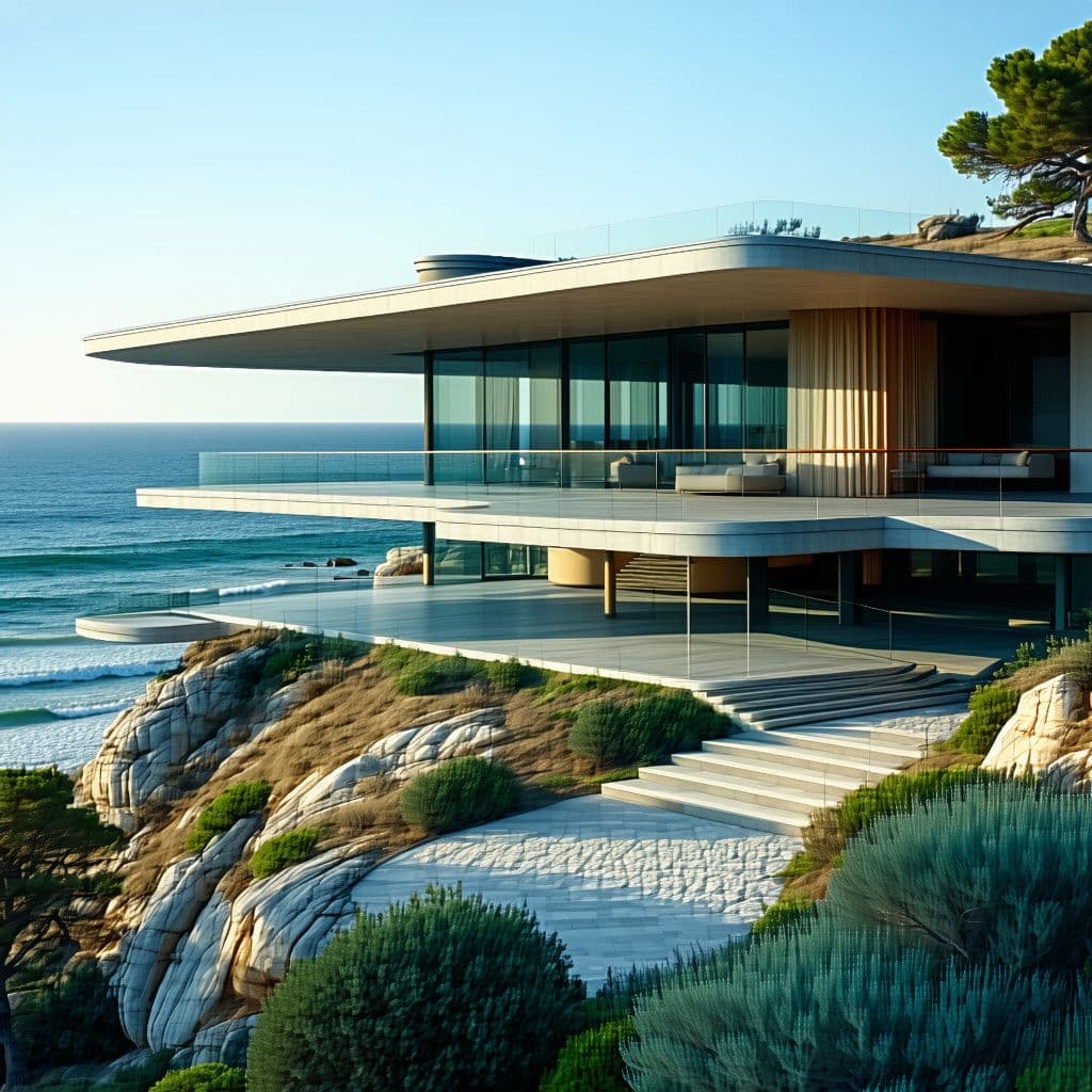 AI generated: Hyper realistic eye level exterior photo of a mid century modern style house overlooking the ocean, ...