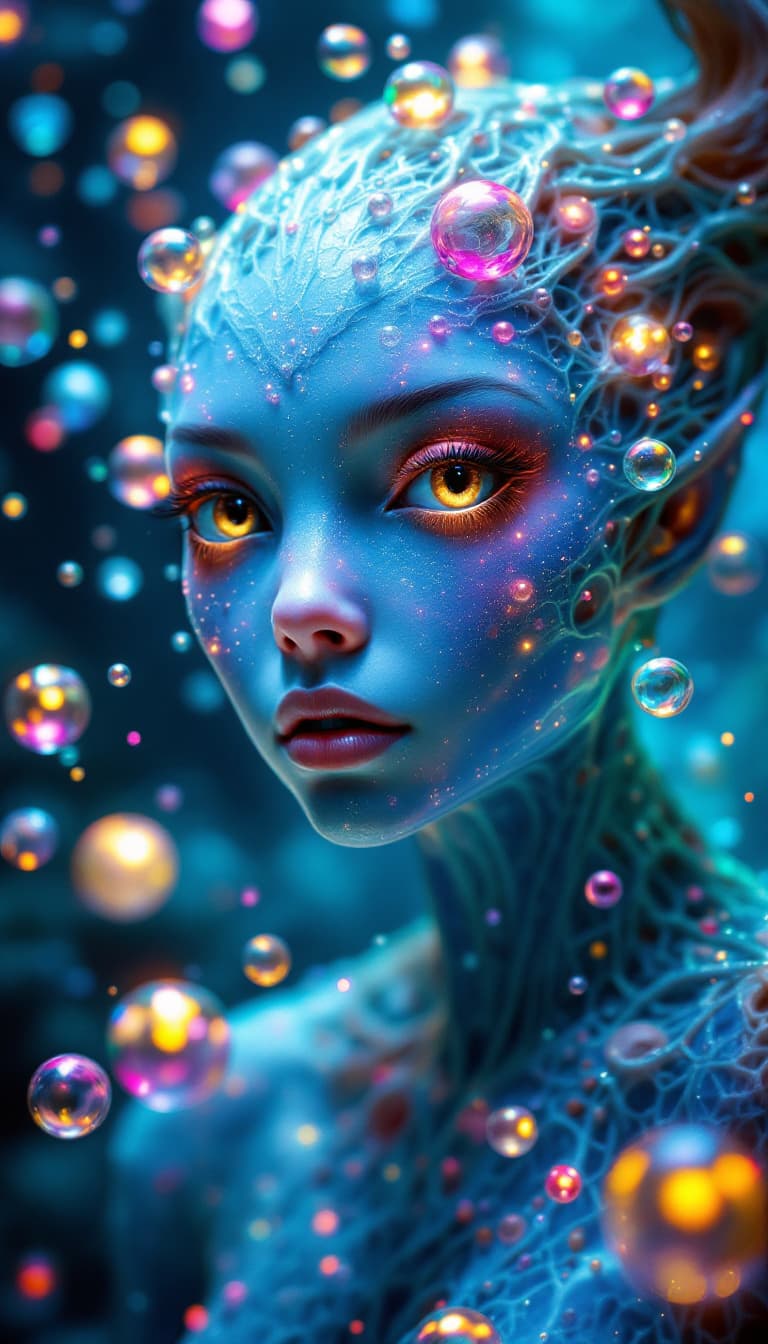 AI generated: Surreal 4k painting of an alien princess with expressive brown eyes and cosmic features. Her skin ap...