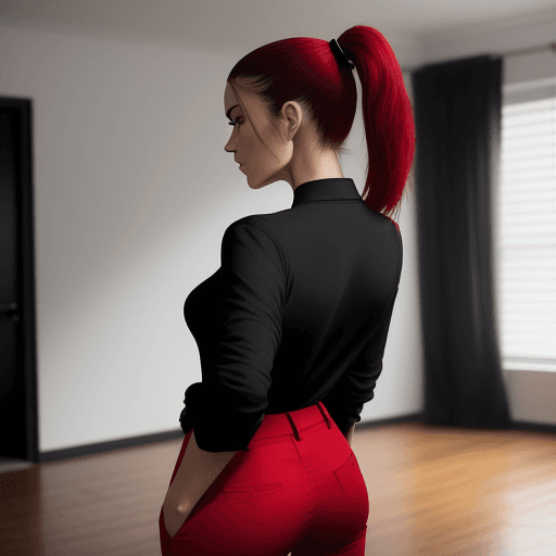 AI generated: The image depicts a stylishly dressed woman in a black shirt and red pants, standing in a room with ...
