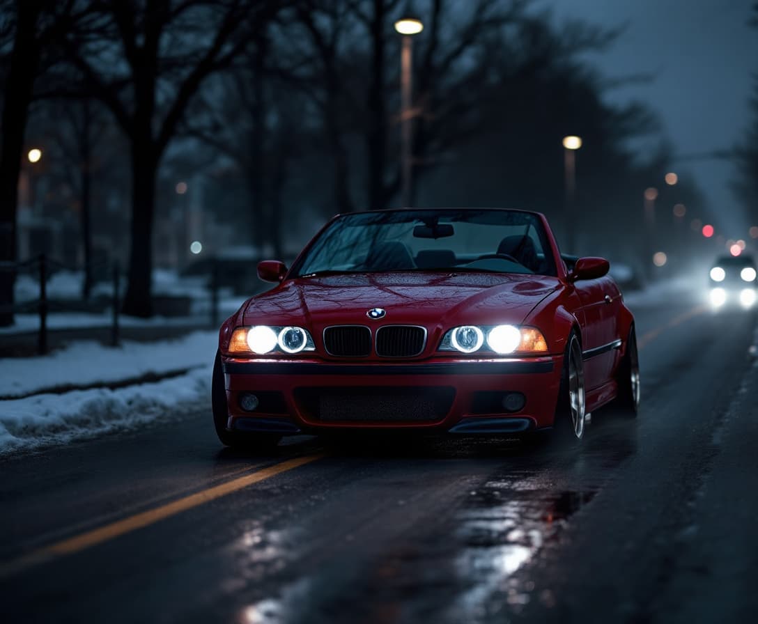 AI generated: dark red bmw e39 M5 convertible, lit angel eyes, cinematic, hyper realism, high detail, 8k, dark eve...